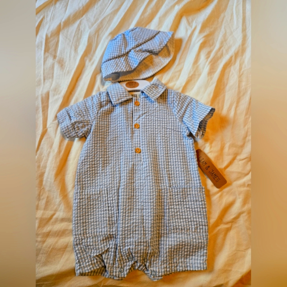 SOLD Blue and White Romper with Hat 12m